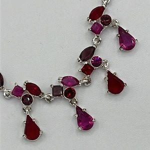 Pink and Red Rhinestone and Silver Necklace and Earring Set
